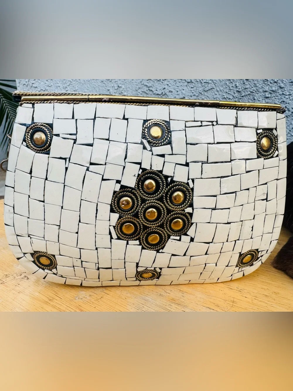 Antik Kraft Handmade White and Gold Mosaic Metal Clutch Bag |Artisanal Crossbody - Picture 5 of 9
